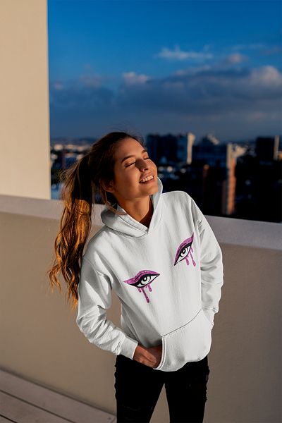 qoeuyl boutique Unisex Μαύρο φούτερ - 3 κλωστές 100% βαμβάκι, κουκούλα με στάμπα στα μάτια