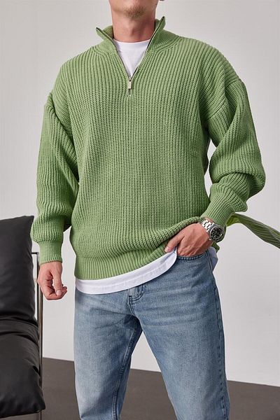 NOMARC Green Knitted Knitwear - Zippered Collar Design