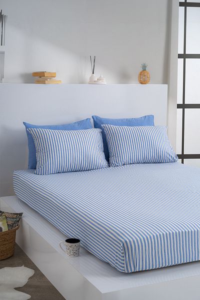 KetraHome Set cearșaf de pat cu dungi albastre unice bumbac 100 X 200 cm față de pernă 50 X70 cm