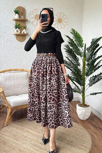 Salih Çelebi 1008 Flared Leopard printed φούστα - ΜΑΥΡΗ