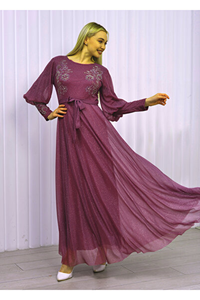 poplinmoda SİMLİ TÜL ABİYE TAŞ İŞLEMELİ 2217 Mor