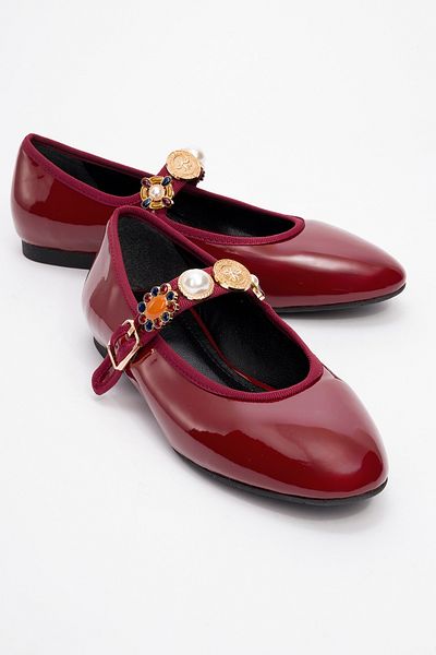 LuviShoes Balerina de damă LAURAS Claret Red cu accesorii din piele lacuită