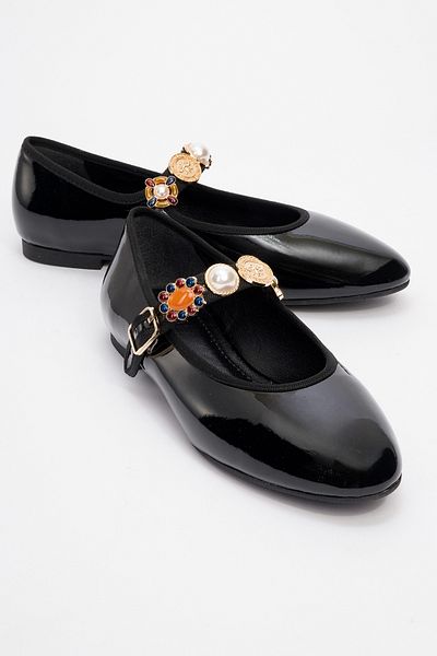 LuviShoes LAURAS Balerina de dama cu accesorii din piele lacuita neagra