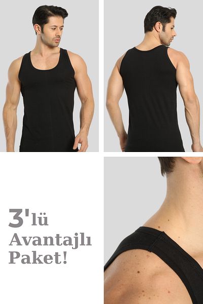 Arma Yıldız Men's Black Cotton Shoulder Stitched Undershirt 3 Pack