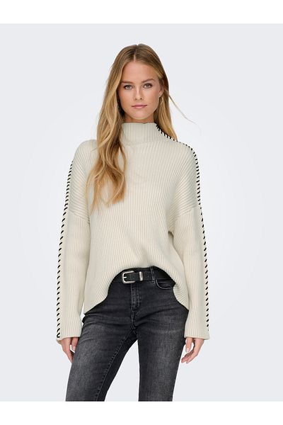 ONLY Onlqueenie Ls Contrast High Neck Prm Knt Sleeves Knitted Detail Low Sleeve Turtleneck Sweater