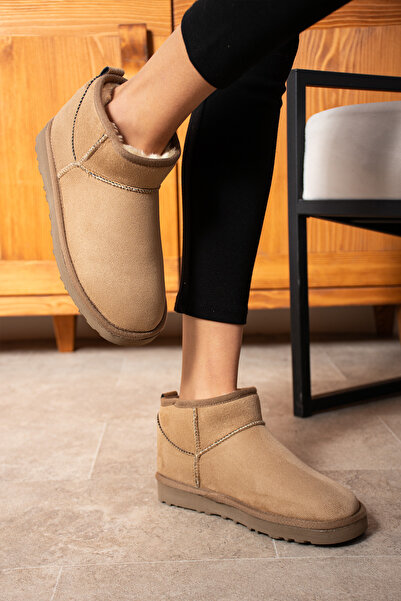 KOTAN Mini Bej Süet Yarım Bot Rahat Taban Içi Tüylü Düz Taban Kadın Bot