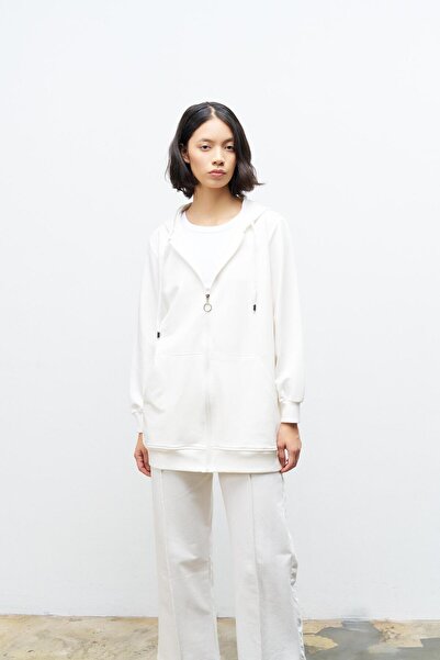 Basicpark Ekru Kadın Cep Detaylı Fermuar Kapamalı Kapüşonlu Alt Üst Pamuklu Örme Takım