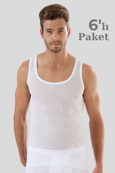 Arma Yıldız Pack of 6 White Men's Mesh Tank Top 100% Cotton Perforated Summer Men's Tank Top