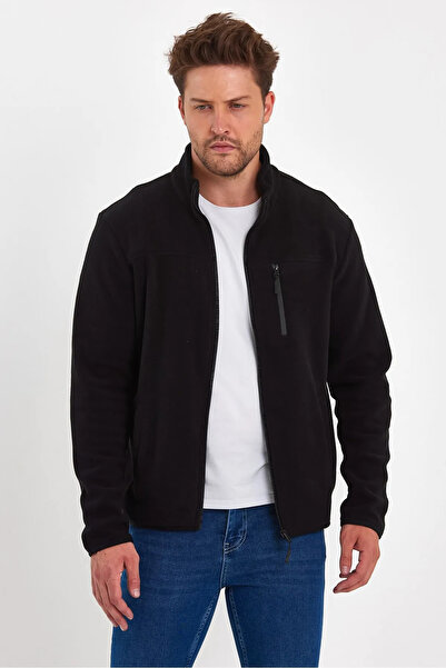 Rodi Jeans Men's Black Side Pocket Micro Fleece Standing Yak Zippered Cardigan