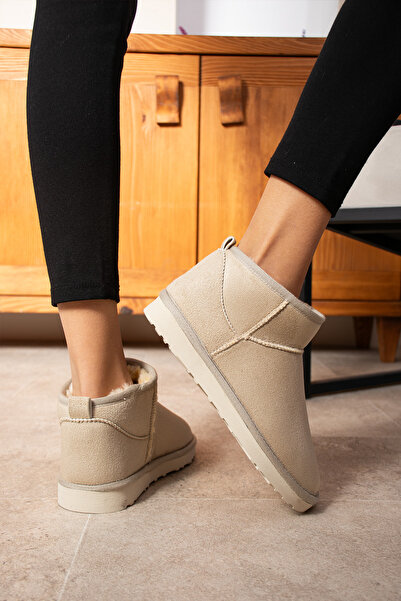 KOTAN Міні пісочно-бежеві замшеві півчехли з м'якою підошвою, пухнастою підкладкою та рівною підошвою, жіночі черевики