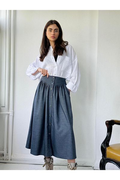 Retrobird Fusta midi plisată albastru închis - Design accentuat, femei cu nasturi în față