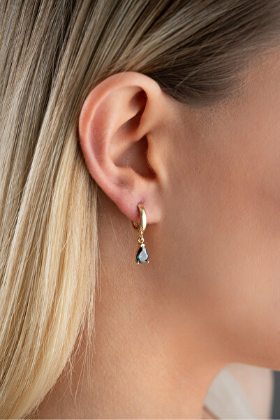 Nereze 925 Ayar Gümüş Gold Kaplama Sallantılı Damla Mistik Topaz Taşlı Küpe