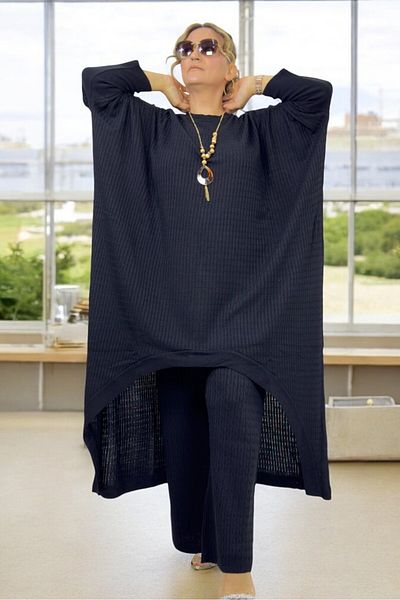 yagmurberen Oval Cut Corded Knitwear Tunic and Elastic Waist Trousers - Extra Large Size Double Knitwear Set
