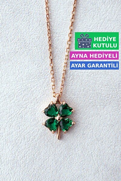 Jewelmim Yeşil 4 Yapraklı Yonca Gümüş Kolye 18 Ayar Rose Altın Kaplama 925 Ay...