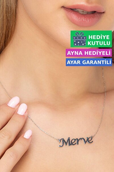 Jewelmim Merve İsimli Gümüş Kolye 18 Ayar Beyaz Altın Kaplama Kararmaz 925 Ay...