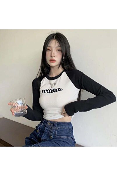 8line White Secendo Raglan Long Sleeve Crop with Black Pieces