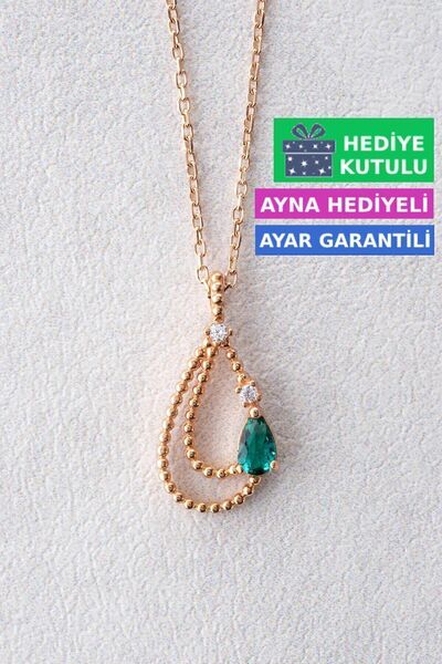 Jewelmim Yeşil İç İçe Gümüş Damla Taş Kolye 18 Ayar Rose Altın Kaplama 925 Ay...