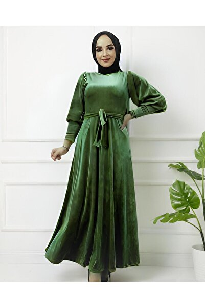 ECK MODA Γυναικείο φόρεμα από βελούδινο ύφασμα με μπαλόνι με ζώνη στη μέση