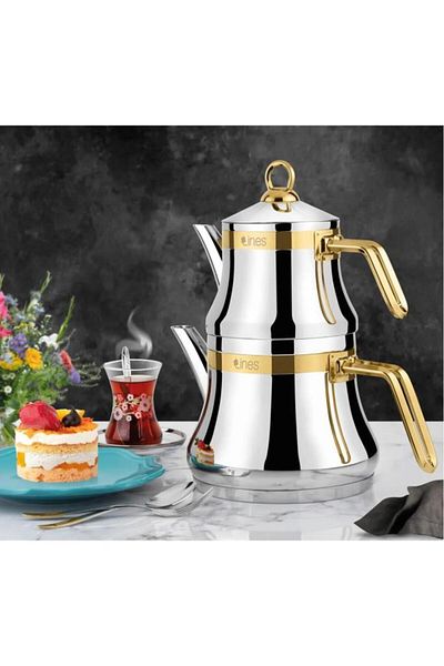 Yonca Lines L-3020 Naz Medium Size Steel Teapot Set - Gold Belt
