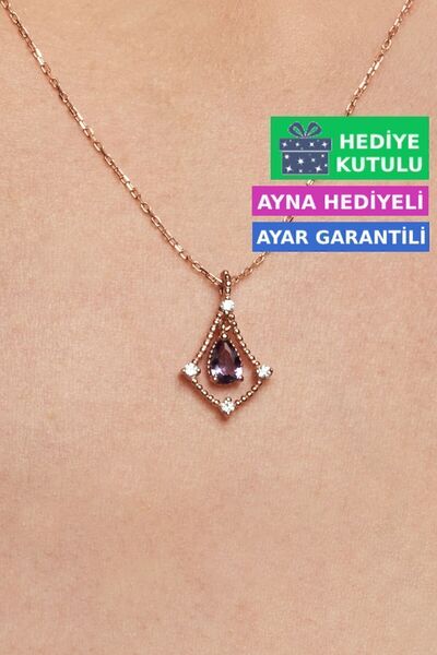 Jewelmim Mor Ametist Damla Taş Kolye 18 Ayar Rose Altın Kaplama Gümüş Damla K...