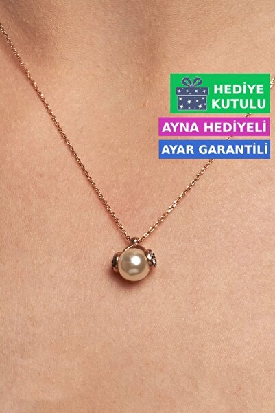 Jewelmim Gümüş İnci Kolye 18 Ayar Rose Altın Kaplama Gerçek İnci Kolye 925 Ayar Kadın İncili Gümüş Kolye