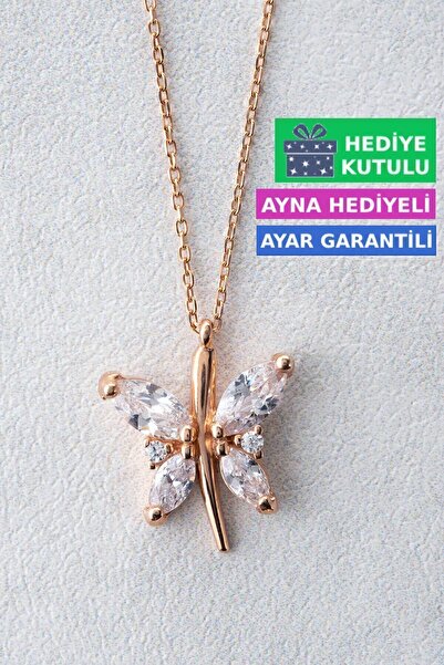 Jewelmim Kelebekli Gümüş Kolye 18 Ayar Rose Altın Kaplama Kelebek Kolyesi 925...