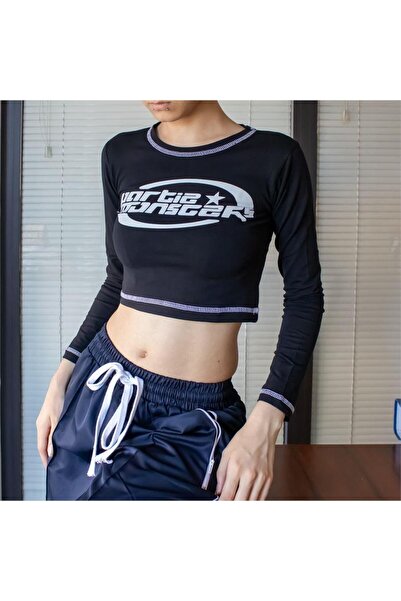 BALİNA Black Partie Monsters Y2K Long Sleeve Crop -Bln
