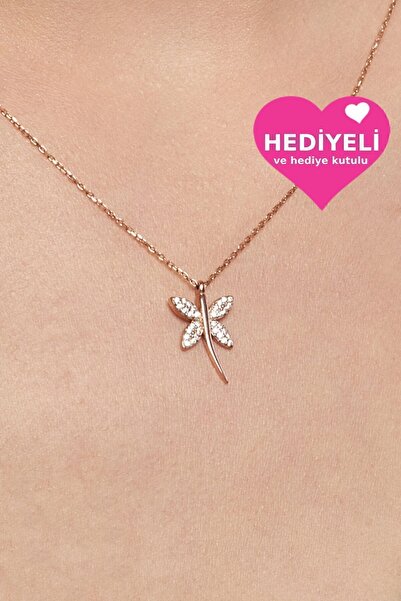 Jewelmim Yusufcuk Gümüş Kolye 18 Ayar Rose Altın Kaplama Taşlı Yusufçuk Kolye 925 Ayar Kadın Gümüş Kolye