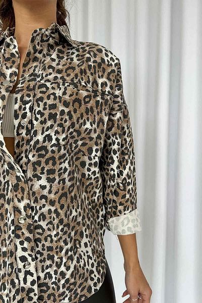 Mine Tan Butik Кафяво яке тип риза с леопардов шарка