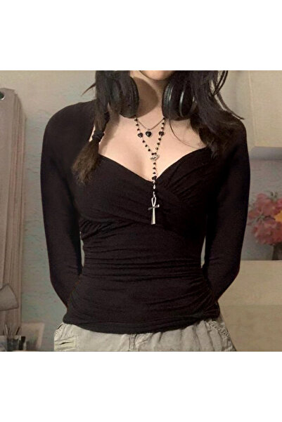 BALİNA Düz Siyah Kalp Yaka Uzun Kollu Kadın BluzTHE SOLO