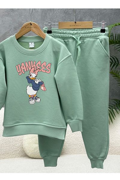 KAPROLLI 100% Cotton Children's Bottom Top Tracksuit Set 3 Thread Rasterless Crew Neck Nursery School Set