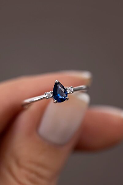 Jewelmim Mavi Renkli Gümüş Damla Yüzük 18 Ayar Beyaz Altın Kaplama Zirkon Taşlı 925 Ayar Kadın Gümüş Yüzük 1