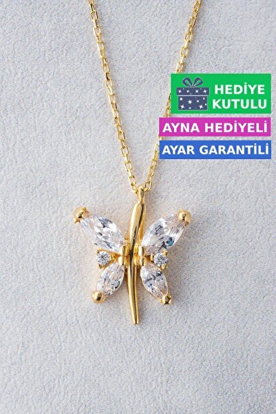 Jewelmim Kelebekli Gümüş Kolye 18 Ayar Sarı Altın Kaplama Kelebek Kolyesi 925 Ayar Kadın Gümüş Kelebek Kolye
