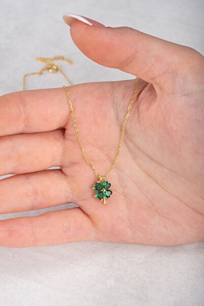 Jewelmim Yeşil 4 Yapraklı Yonca Gümüş Kolye 18 Ayar Sarı Altın Kaplama 925 Ayar Kadın Gümüş Yoncalı Kolye