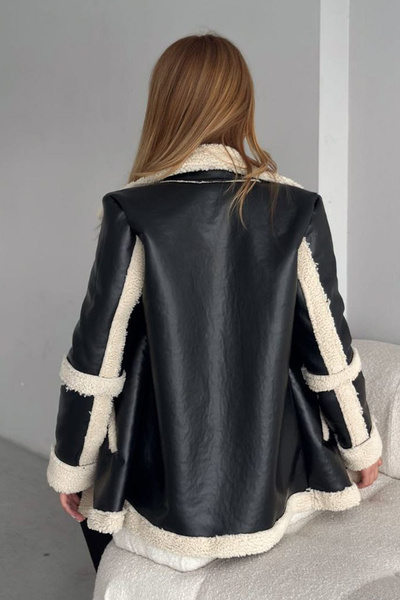 Slim'N Lift Παλτό από συνθετικό δέρμα με λεπτομέρεια από γούνα στο χέρι και γούνα στο εσωτερικό