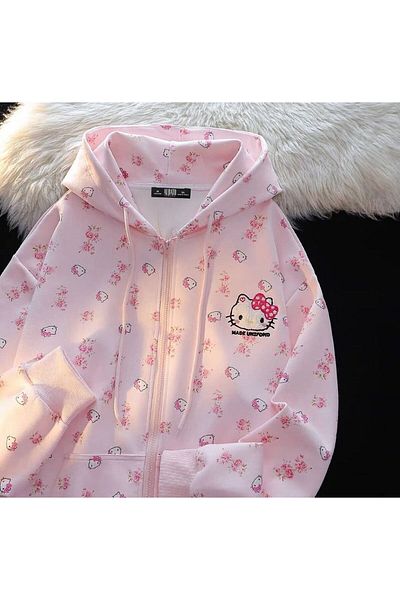 AtegeWear Pink Anime Kawaii Hello Kitty Detail Hooded Cardigan