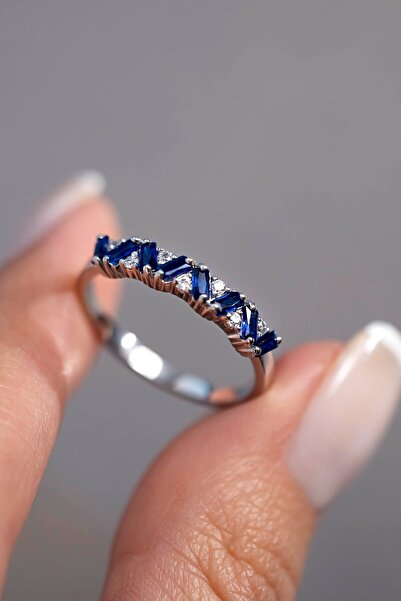 Jewelmim Mavi Renkli Taşlı Gümüş Yüzük 18 Ayar Beyaz Altın Kaplama Zirkon Taşlı 925 Ayar Kadın Gümüş Yüzük 1