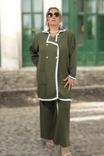 yagmurberen Large Size Double Knitwear Set - Six Elastics, Double Breasted Closure and Gold Button Detail