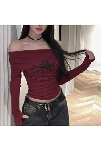 BALİNA Bordo Spider Omuzu Açık Uzun Kollu Crop