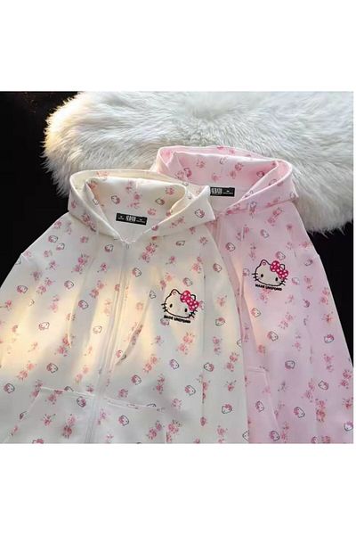 AtegeWear Pink Anime Kawaii Hello Kitty Detail Hooded Cardigan