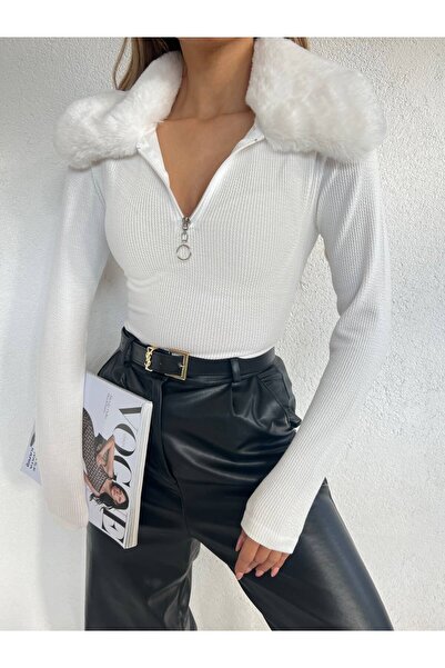 MY DEPO Λούτρινη γούνινη μπλούζα με φερμουάρ γιακά