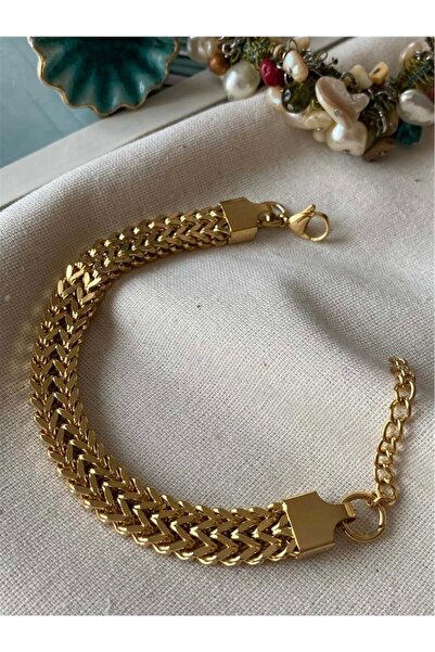 mrsflower jewelry Gold Renk Iki Sıra Mısır Örgü Model Çelik Bileklik
