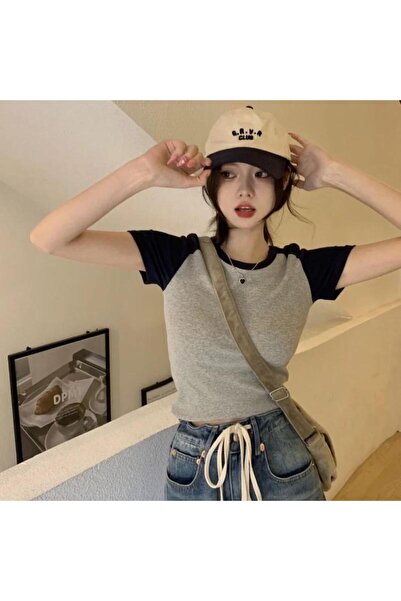 8line Black Raglan Sleeves Gray Melange Basic Short Sleeve Crop