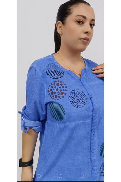 AKŞEN GİYİM LARGE SIZE WOMEN'S COTTON LINEN FABRIC GEOMETRIC PATTERNED FOLDED SLEEVE AUTHENTIC TUNIC