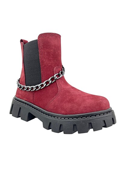 Nubebe Chelsea Kız Çocuk Deri Kısa Çizme Bordo Nubuk