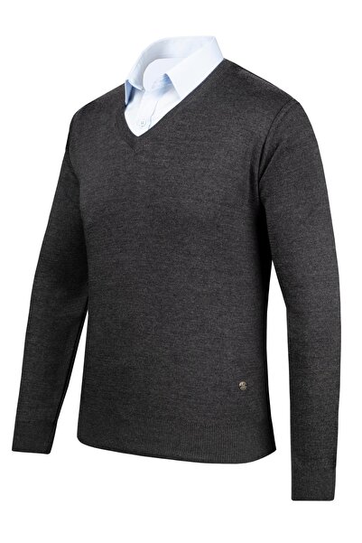 Çizgi Triko Чоловічий светр з V-подібним вирізом, сірий, прямі рукави та еластичний пояс, трикотаж, сталеве плетіння -4241d