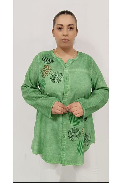 AKŞEN GİYİM Plus Size Women's 100% Cotton Linen Fabric Geometric Pattern Fold Sleeve Authentic Tunic