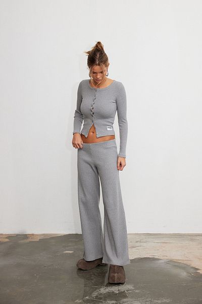 bases. Ribbed Elastic Waist Wide Leg Knitted Trousers