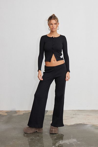 Bases Ribbed Elastic Waist Wide Leg Knitted Trousers