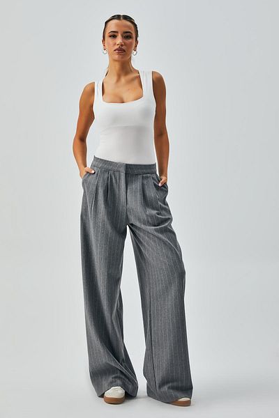 minaaise Women's Gray Wool Polyviscose Striped Palazzo Trousers 28078